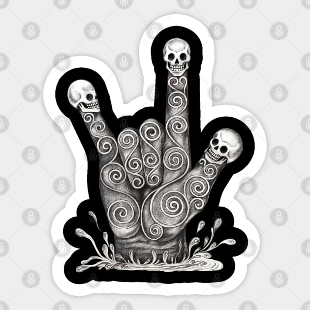 I love you hand sign surreal art three skull on finger. Sticker by Jiewsurreal